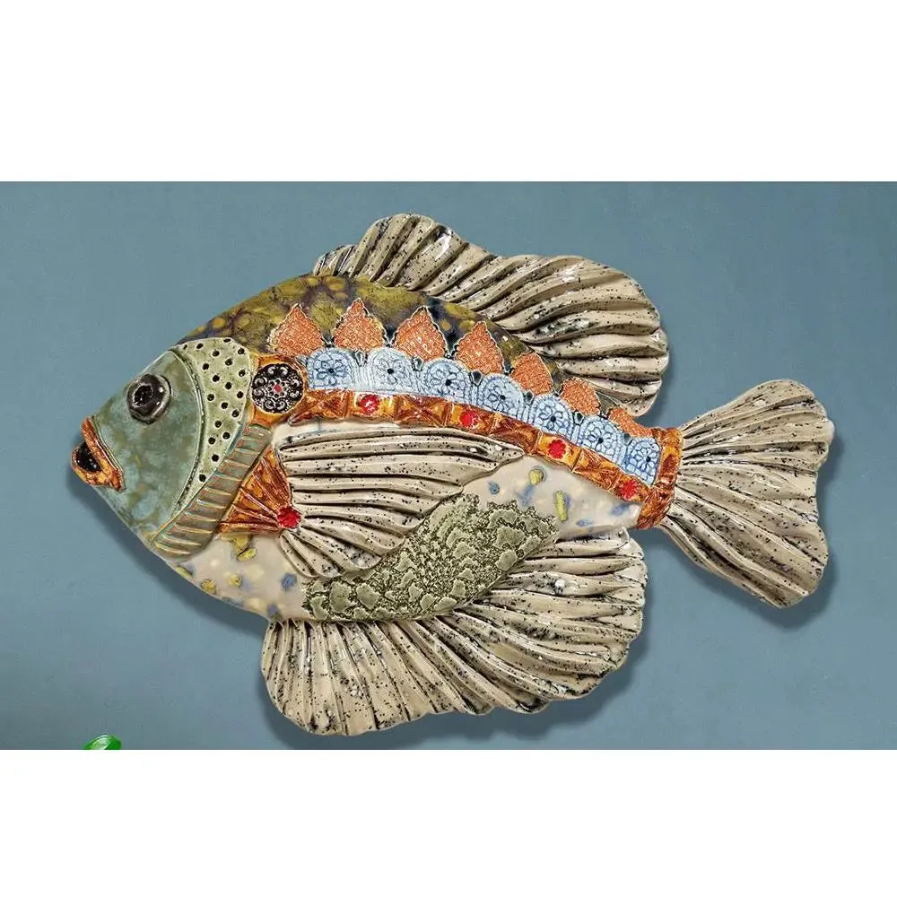 Blue Gill Fish Shown in Smoke Colorway. C BG S Hand Crafted Art Pottey by Cathy and Carie Crain of Crain Pottery Art Studio