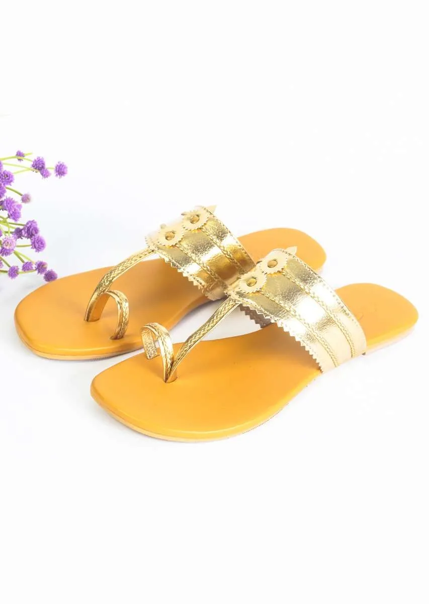 Gold Kolhapuri Flats With Mustard Yellow Sole By Sole House