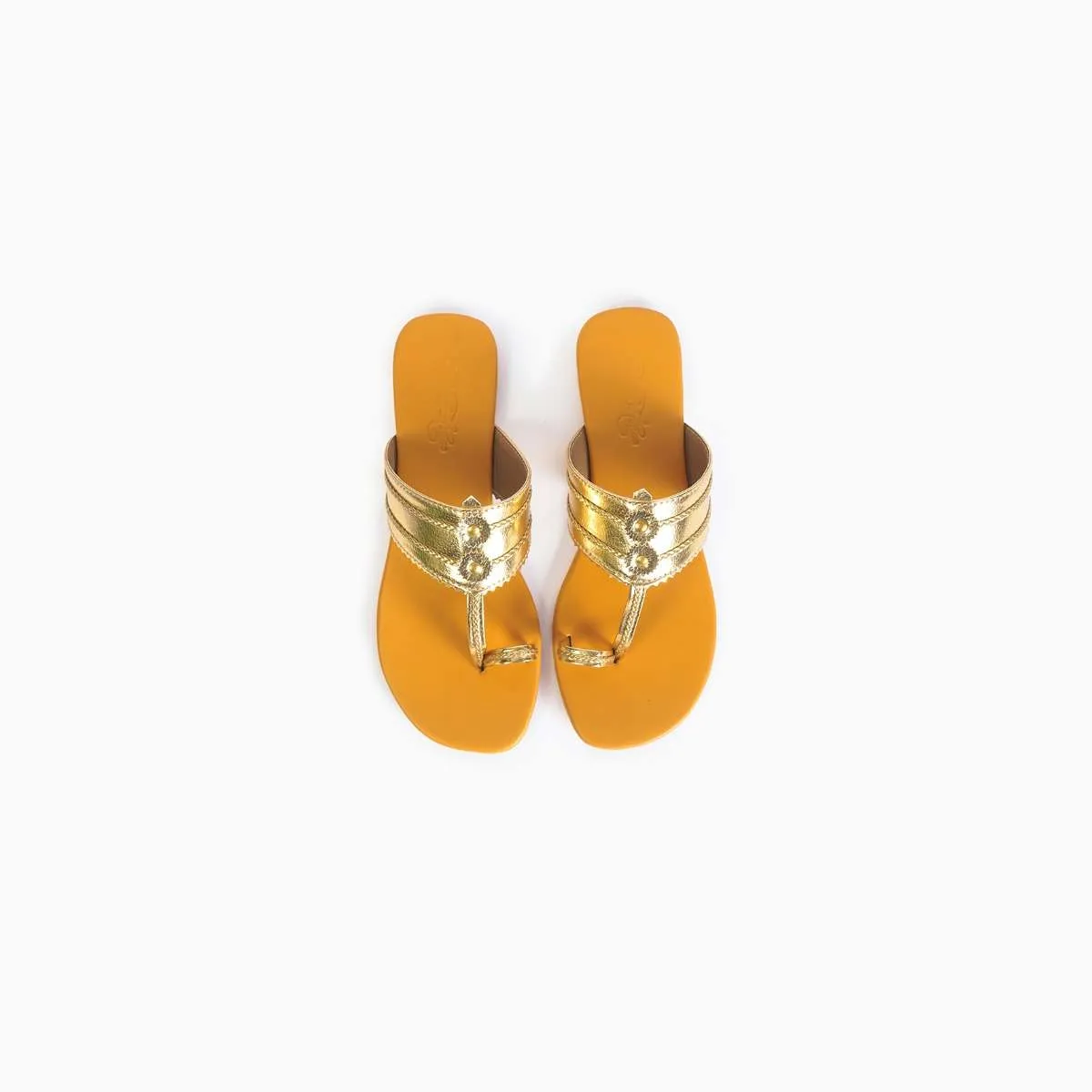 Gold Kolhapuri Flats With Mustard Yellow Sole By Sole House