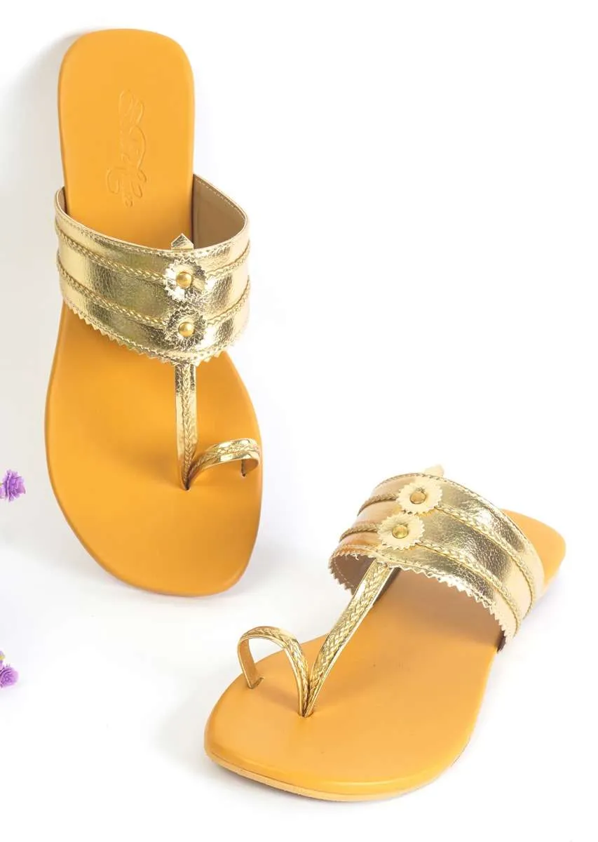 Gold Kolhapuri Flats With Mustard Yellow Sole By Sole House