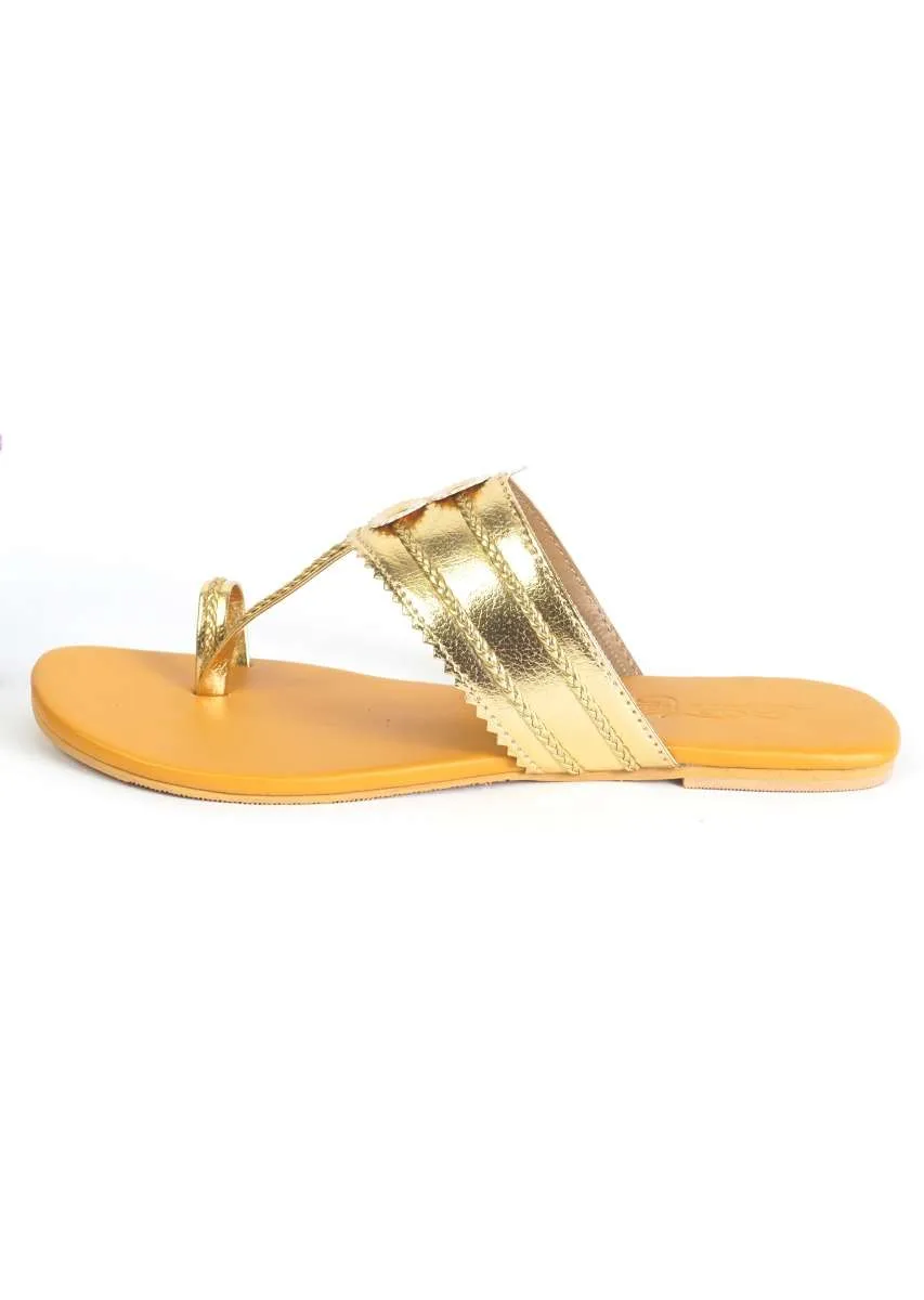 Gold Kolhapuri Flats With Mustard Yellow Sole By Sole House