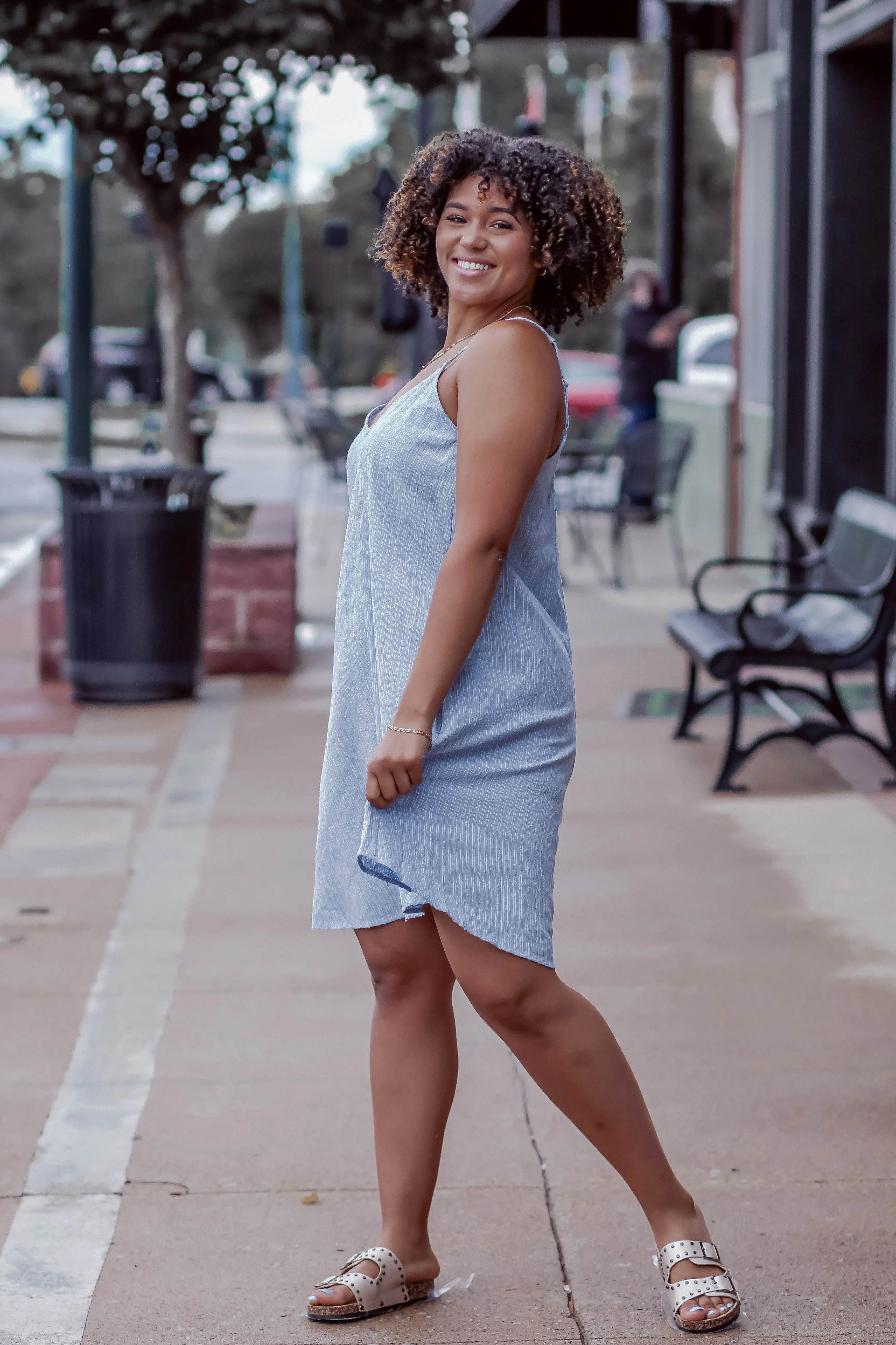 Light Blue Textured V Neck Mini Dress