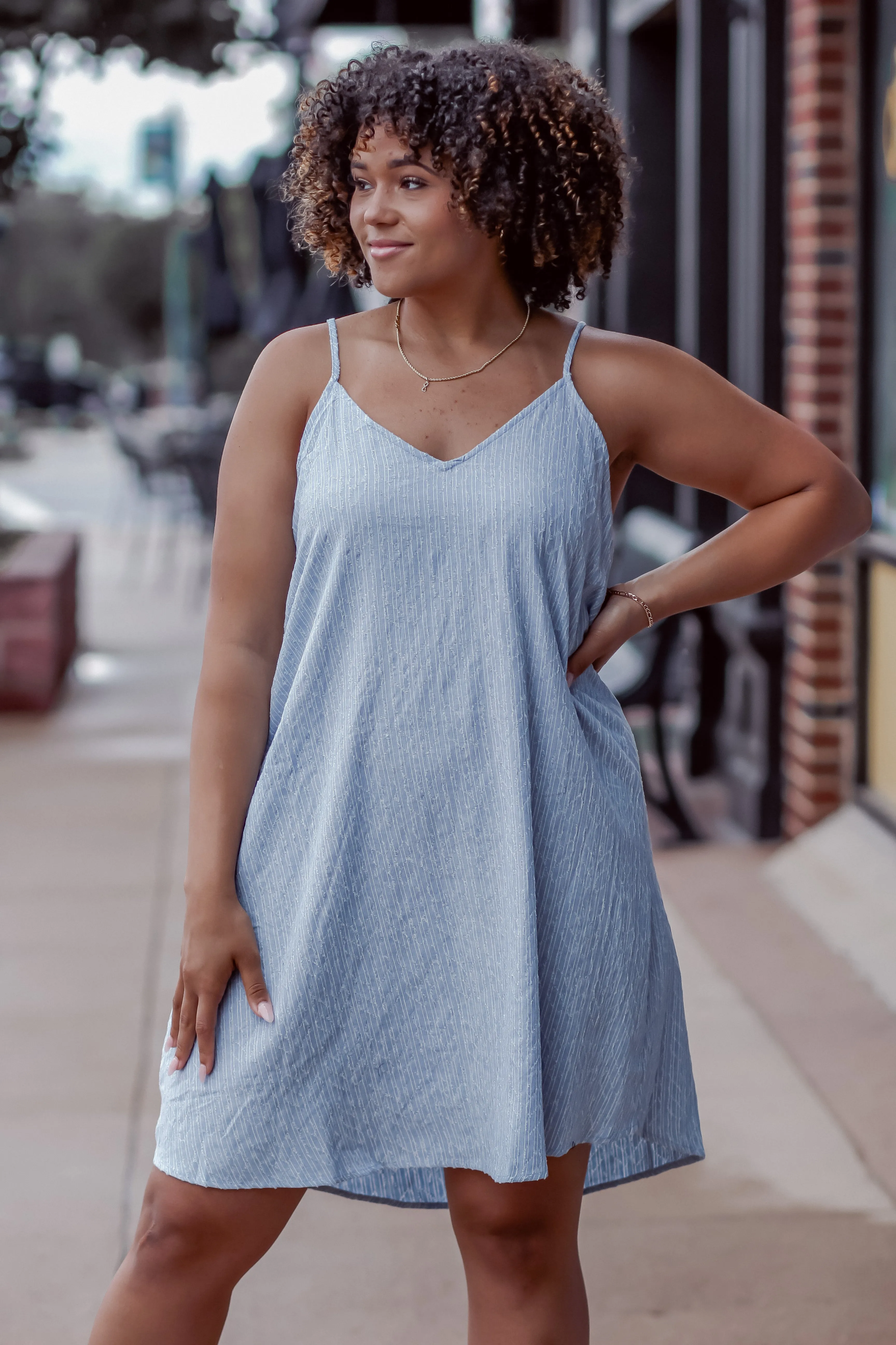 Light Blue Textured V Neck Mini Dress