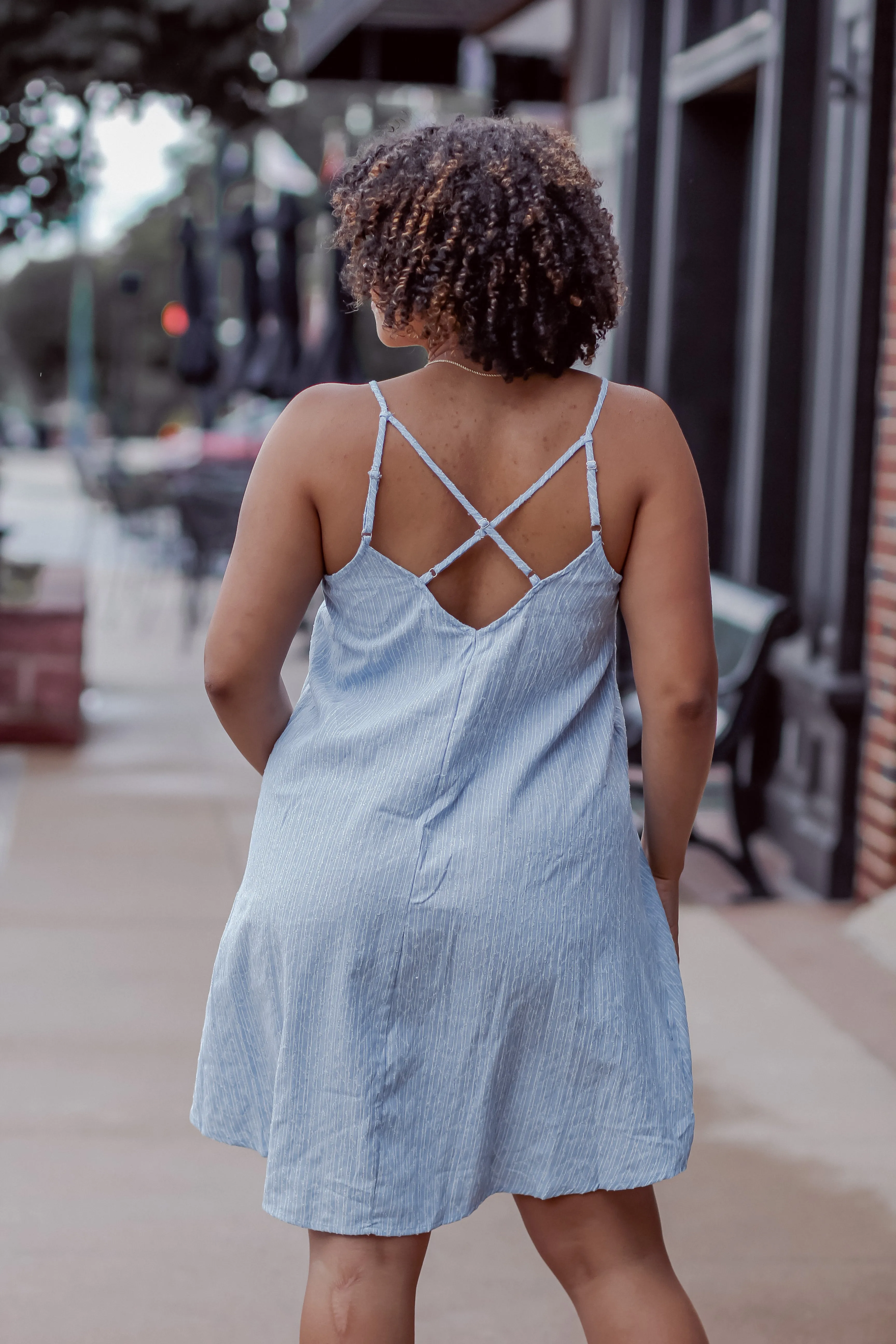 Light Blue Textured V Neck Mini Dress