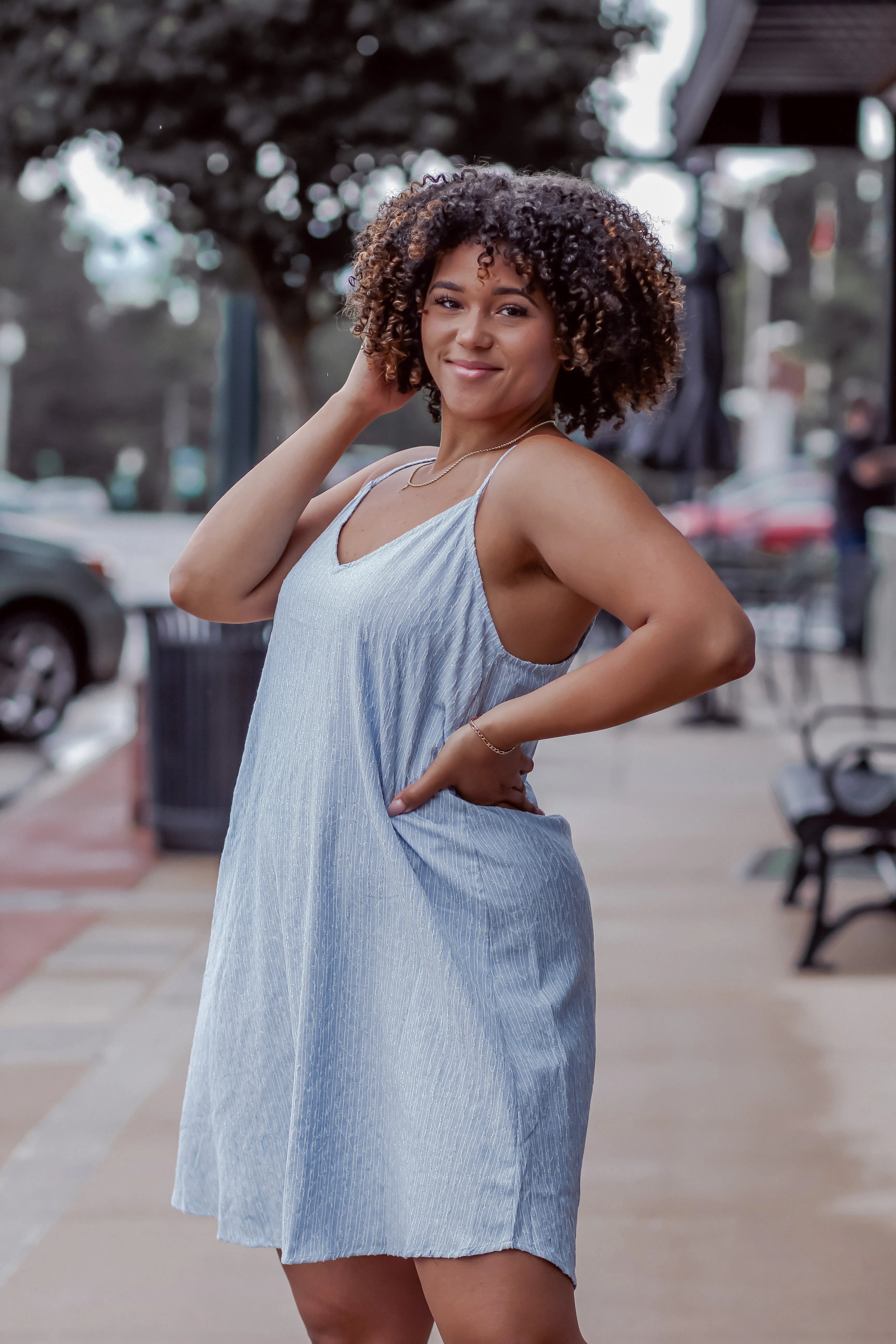 Light Blue Textured V Neck Mini Dress
