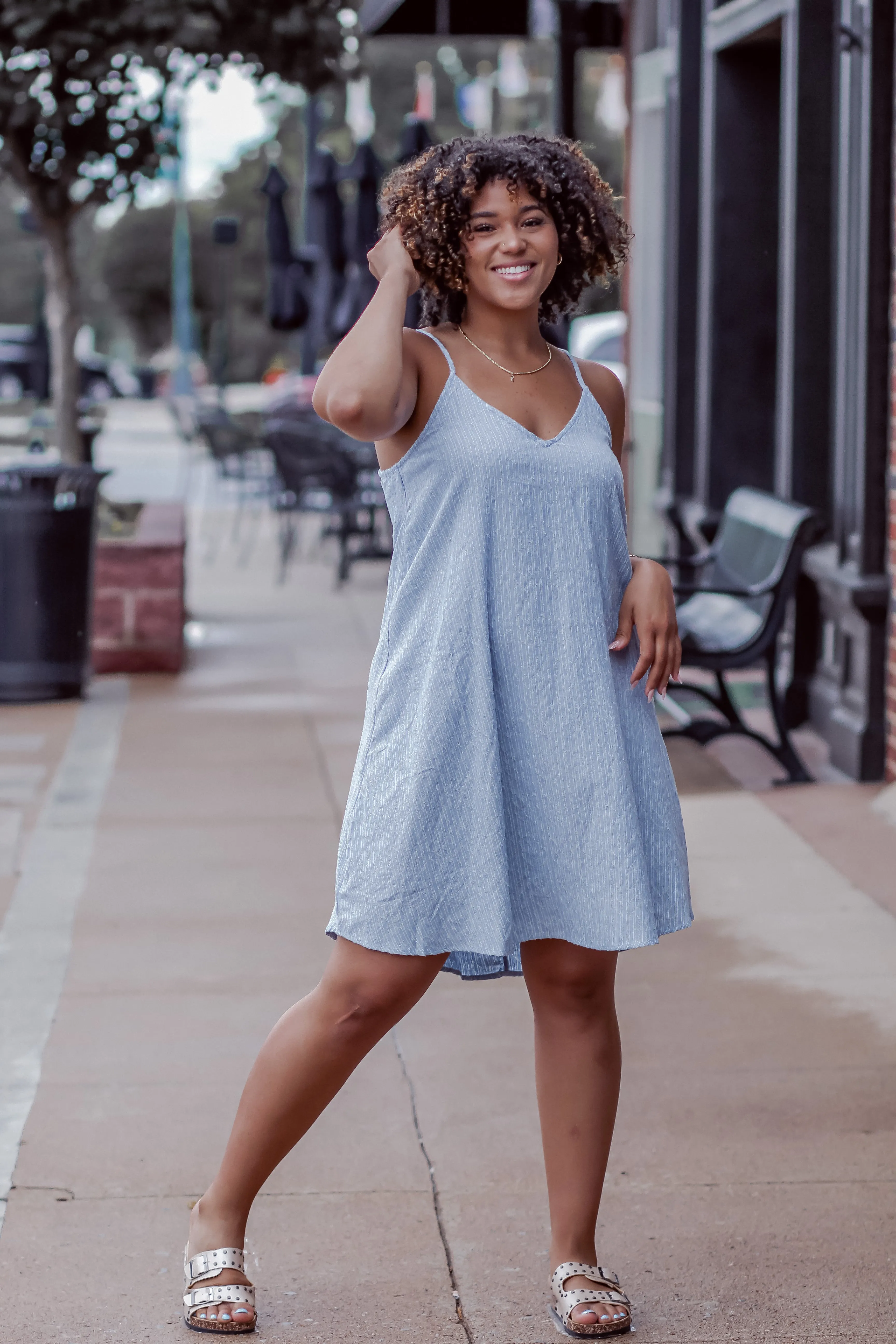 Light Blue Textured V Neck Mini Dress