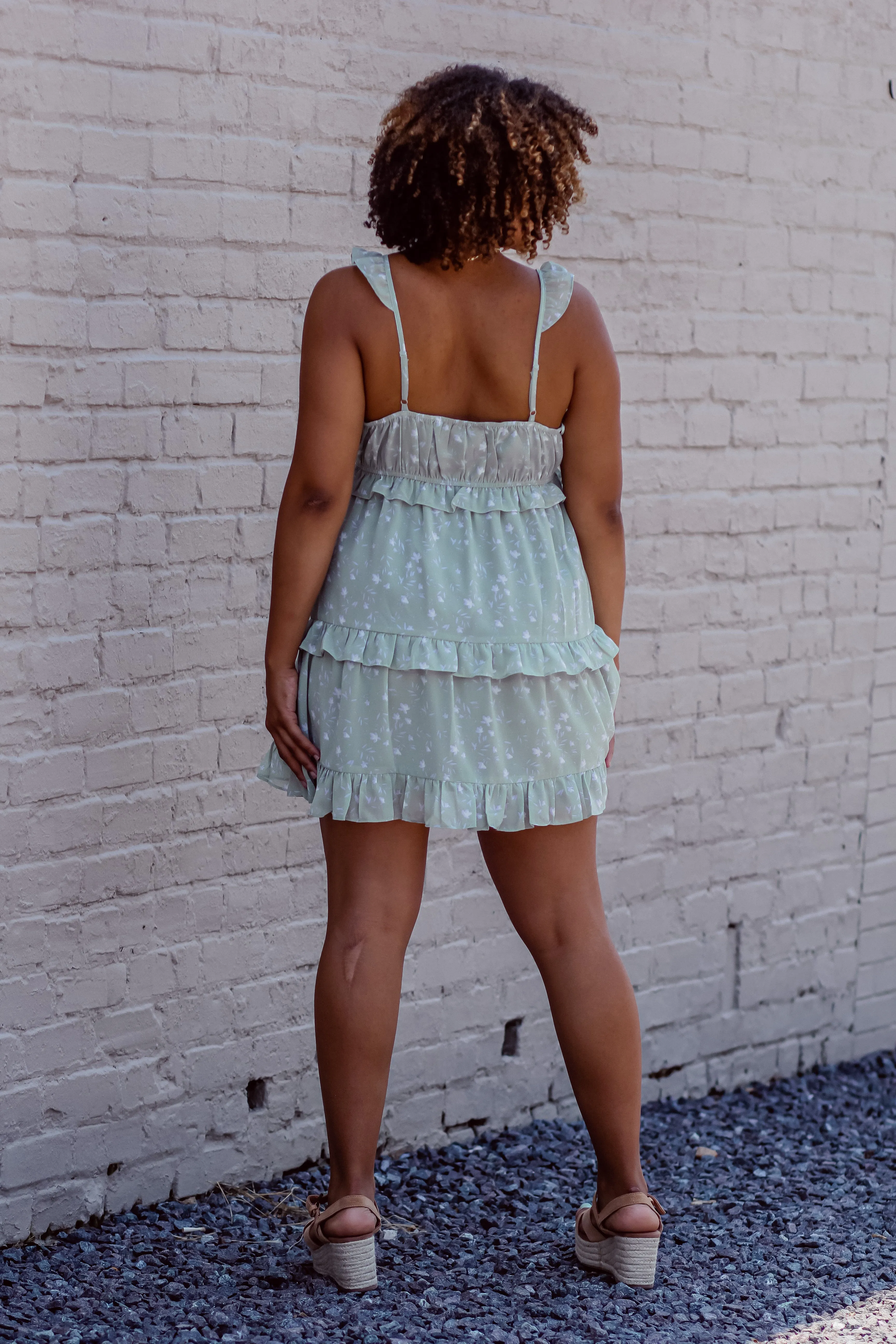 Light Green Floral Tiered Mini Dress