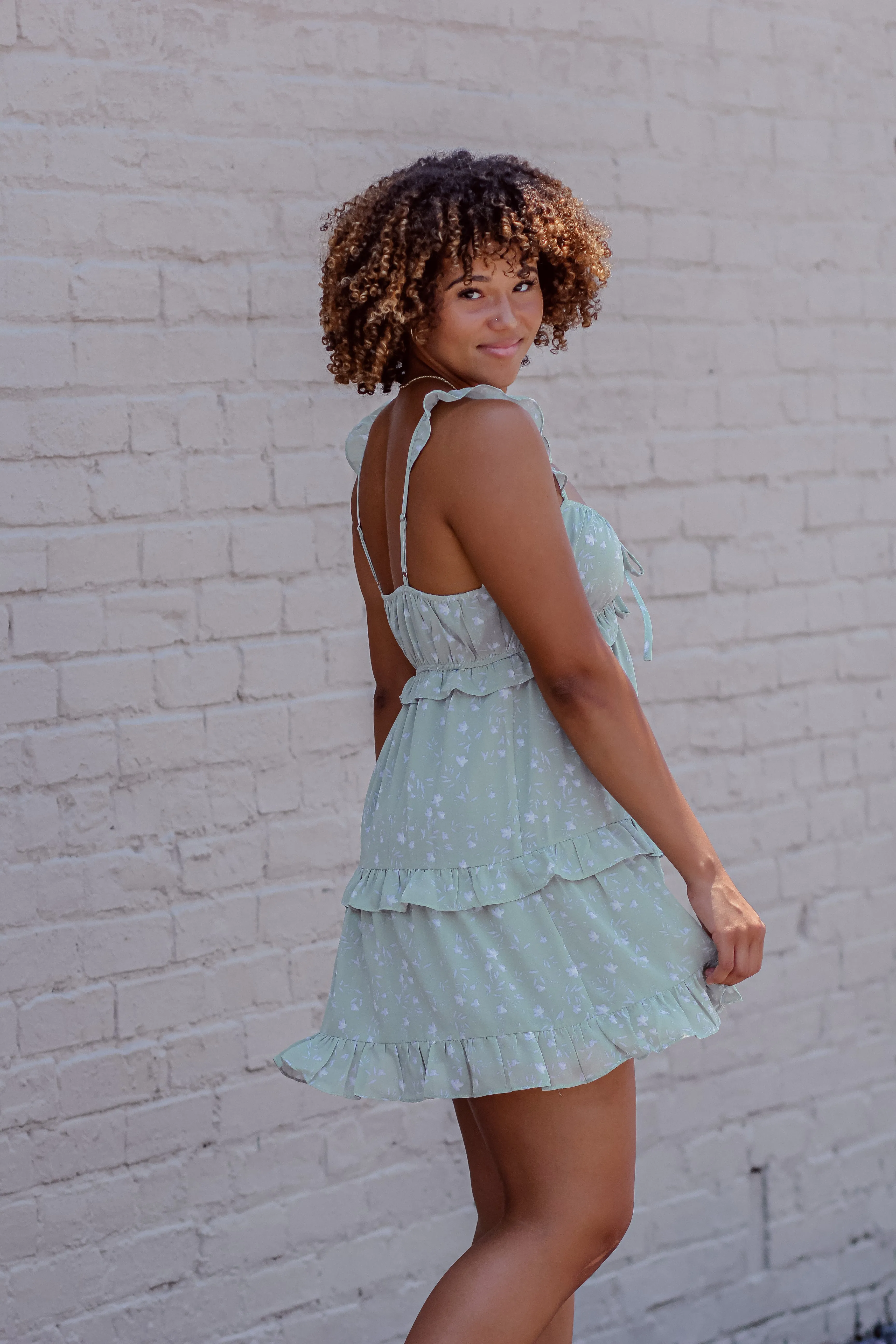 Light Green Floral Tiered Mini Dress