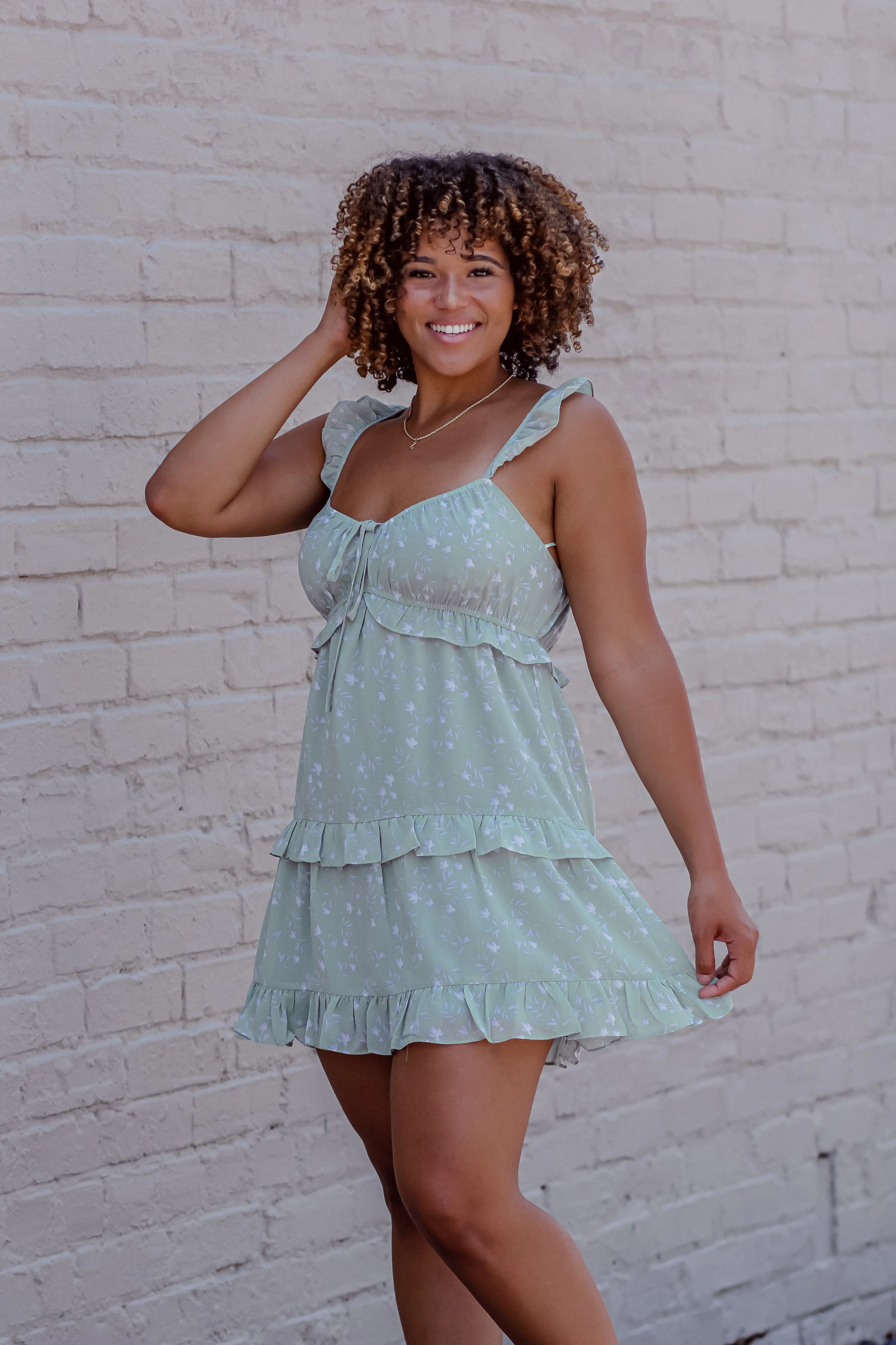 Light Green Floral Tiered Mini Dress