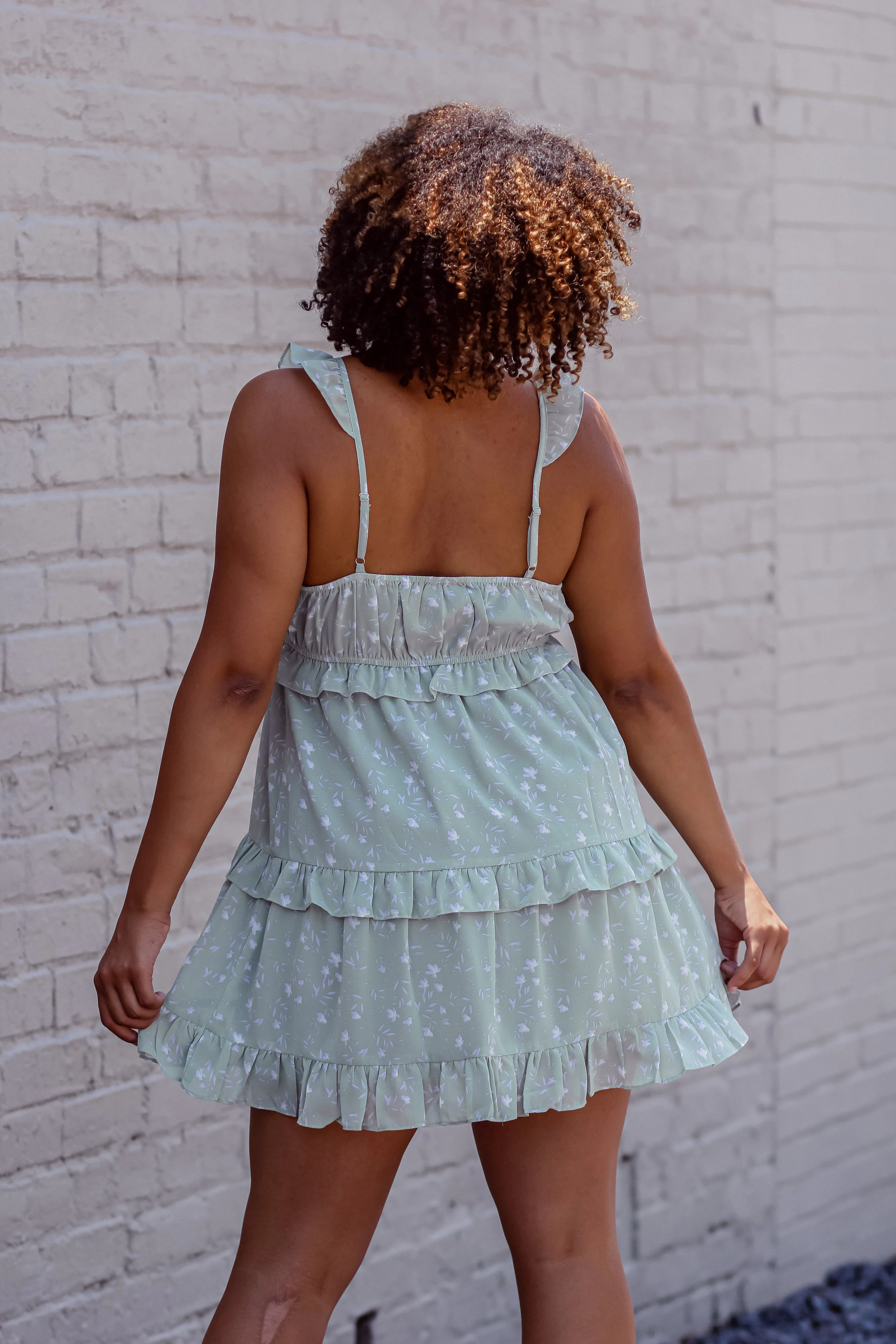 Light Green Floral Tiered Mini Dress