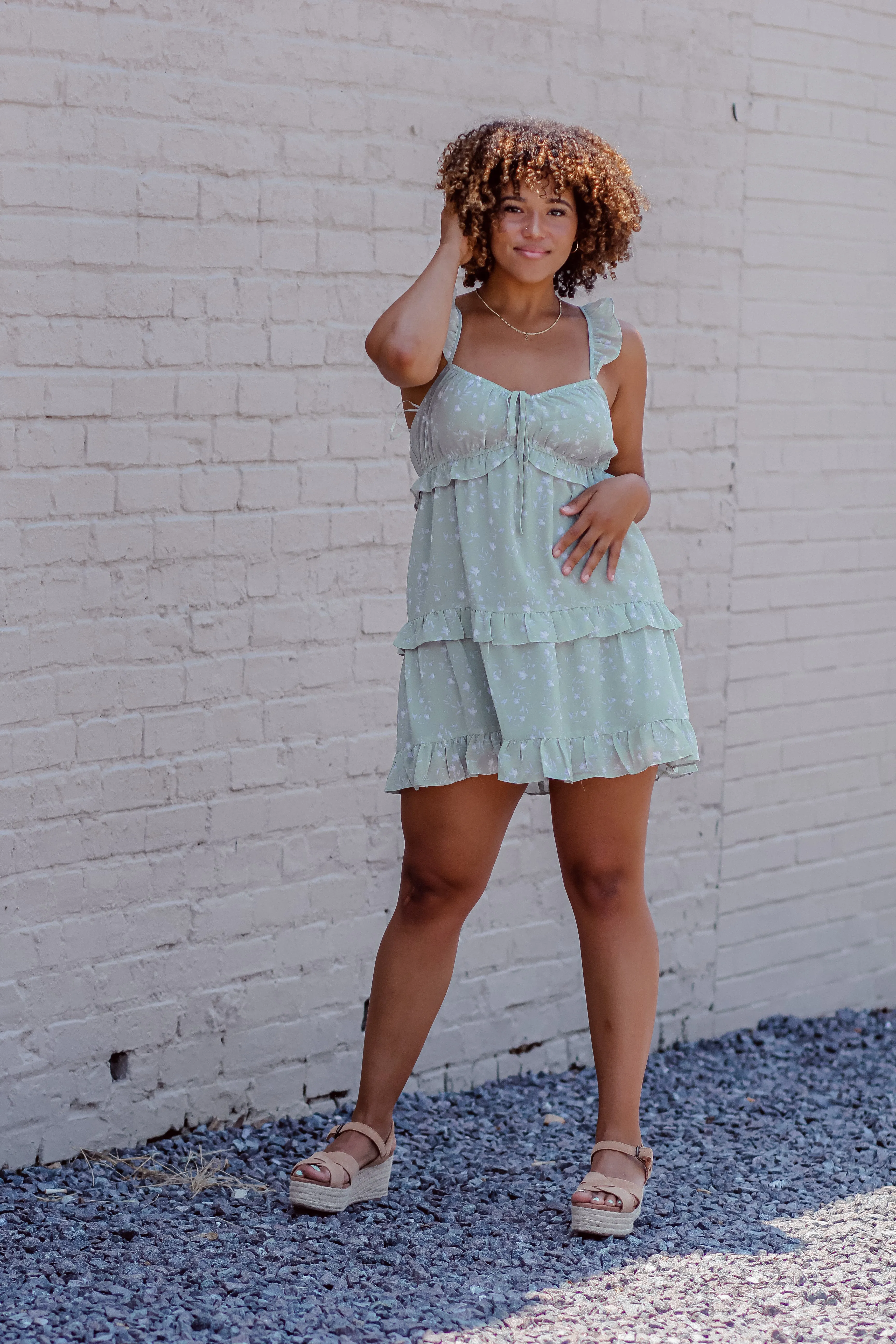 Light Green Floral Tiered Mini Dress