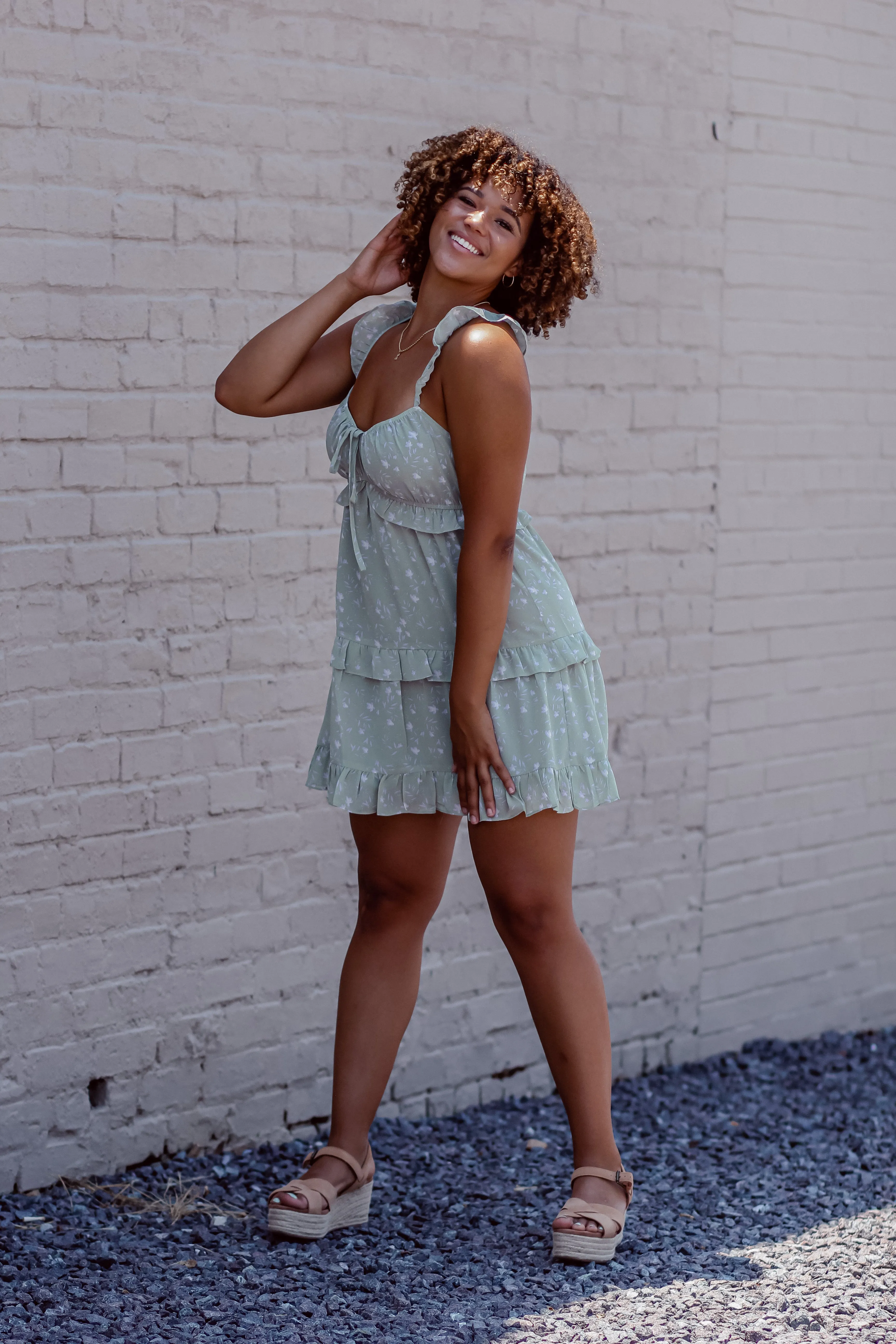 Light Green Floral Tiered Mini Dress
