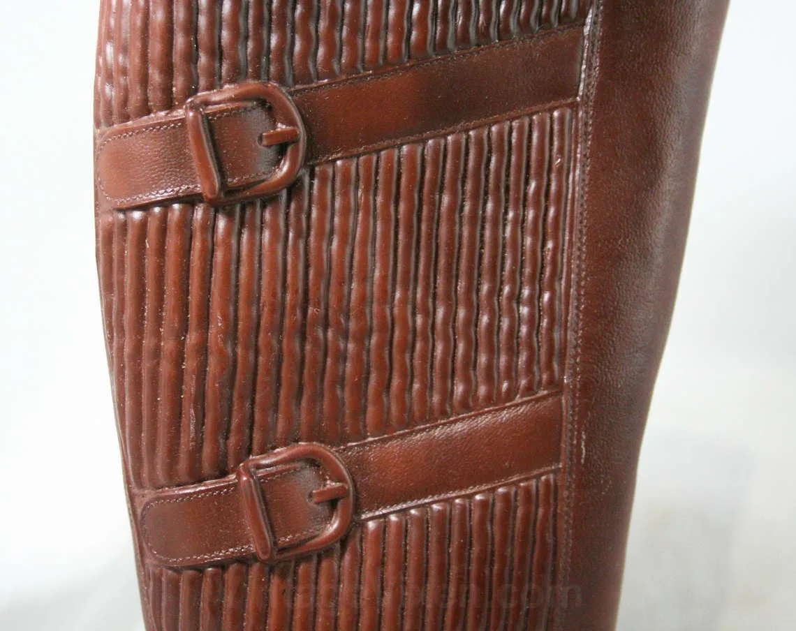 Size 6 Trompe L'Oeil 60s Boots - Brown Waterproof Rubber - Sophisticated 1960s - Faux Buckles - Fleece Lined - Unworn - Deadstock - 43295-13